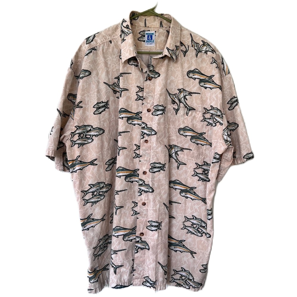 Hook & Tackle Outfitters Mens 2XL Fish Print Shirt Marlin Mahi Mahi Peach Tan